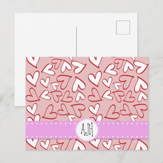Heart Pattern, Red Hearts, Pink Hearts, Monogram Postkarte (Vorne/Hinten)