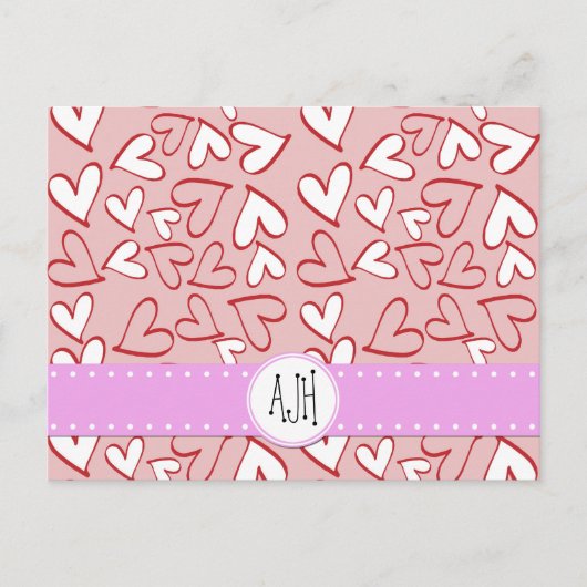 Heart Pattern, Red Hearts, Pink Hearts, Monogram Postkarte (Vorderseite)