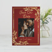 Heart, Photo & Gold Frame on Ruby Red Save The Date (Stehend Vorderseite)