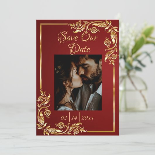 Heart, Photo & Gold Frame on Ruby Red Save The Date (Stehend Vorderseite)