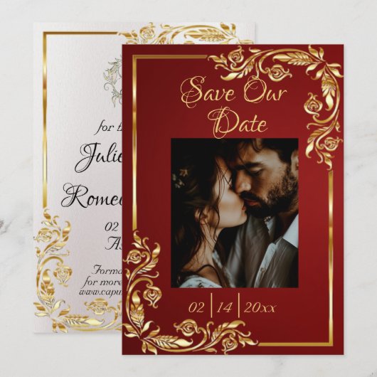 Heart, Photo & Gold Frame on Ruby Red Save The Date (Vorne/Hinten)