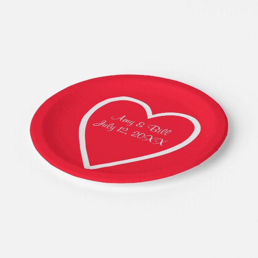 Heart Red White Wedding Custom Paper Teller 7" (Schrägansicht)