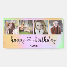 Heart Script 4 Photo Holographic Birthday Banner