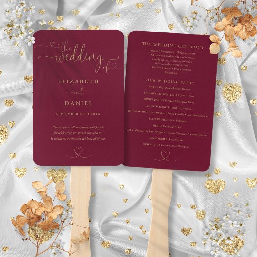 Heart Script Burgundy and Gold Wedding Program Fächer
