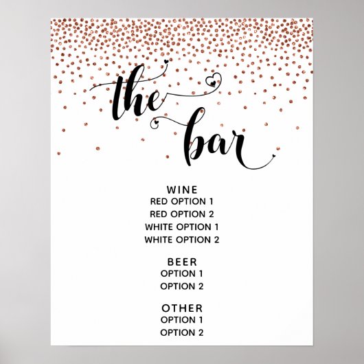 Heart Script & Copper Confetti "The Bar" Menu-Zeic Poster (Vorne)