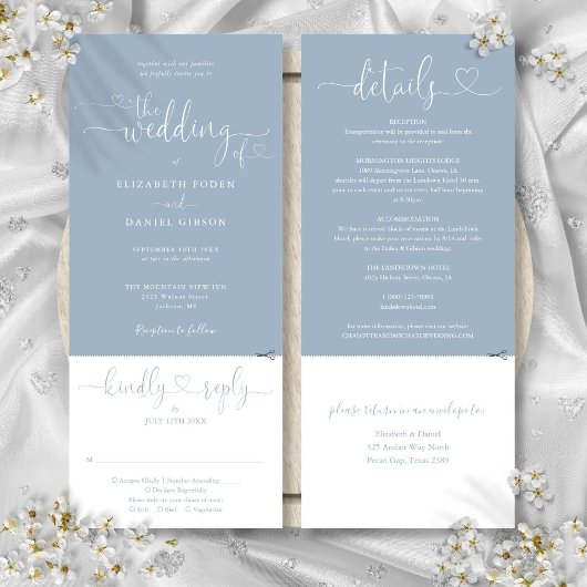 Heart Script Dusty Blue All in one Wedding Einladung