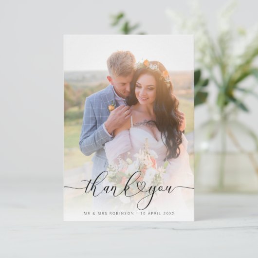 heart script elegant wedding photo thank you dankeskarte (Stehend Vorderseite)