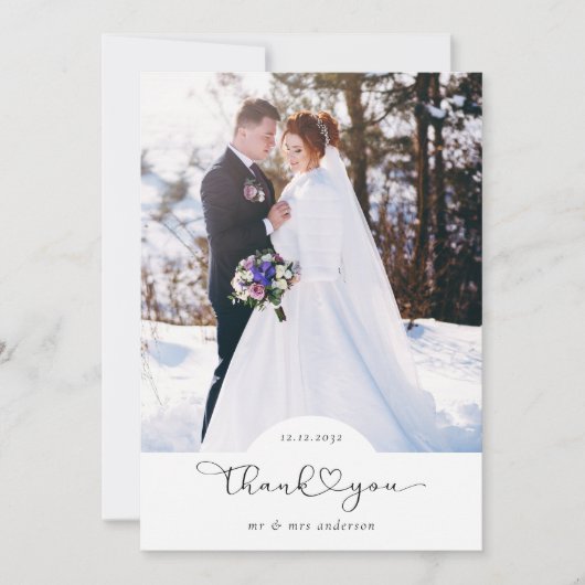 Heart Script Foto Wedding Dankeskarte (Vorderseite)