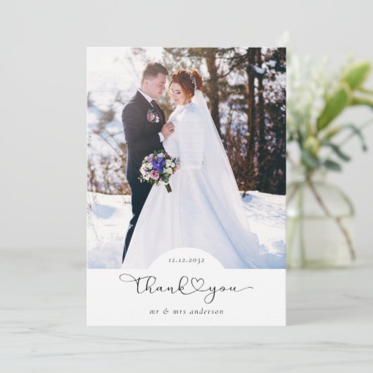 Heart Script Foto Wedding Dankeskarte (Stehend Vorderseite)