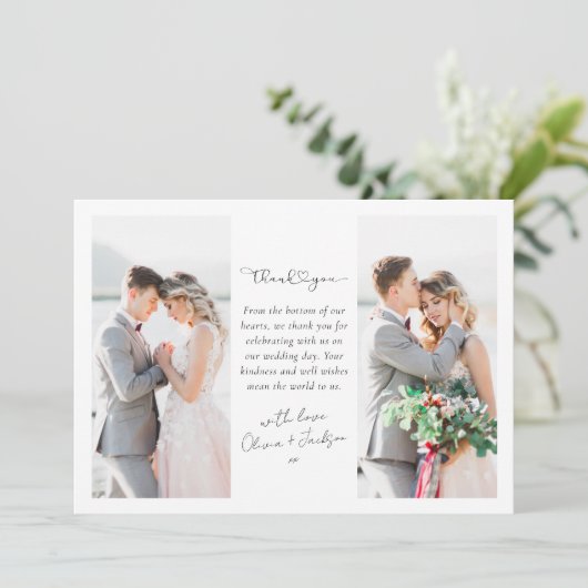 Heart Script Foto Wedding Dankeskarte (Stehend Vorderseite)