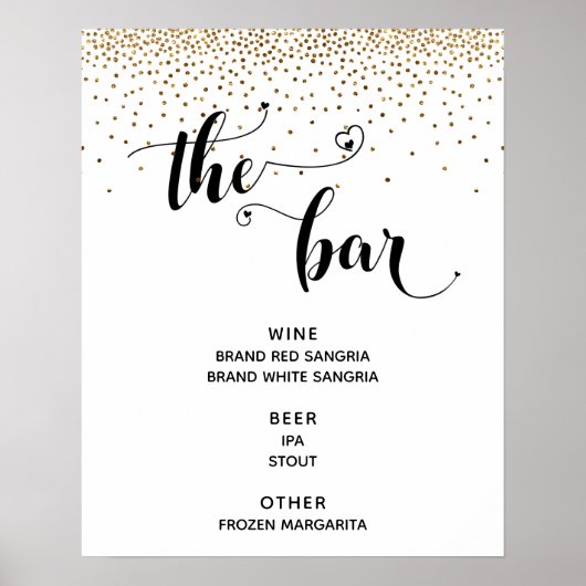 Heart Script & Gold Confetti "The Bar" Menu-Zeiche Poster (Vorne)