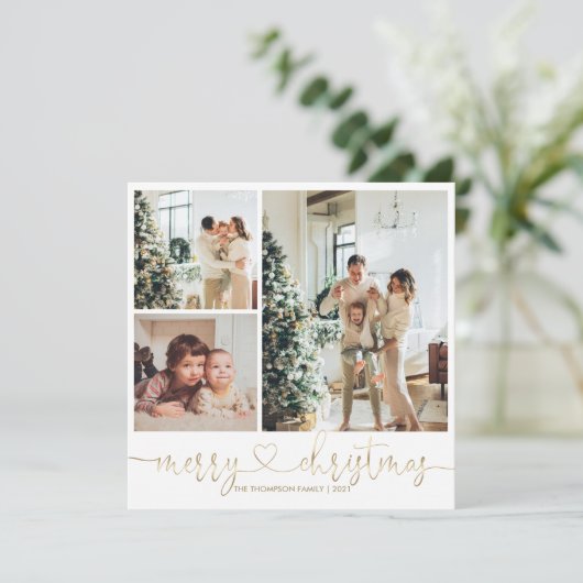 Heart Script Gold Frohe Weihnachten Foto Urlaub Karte (Stehend Vorderseite)