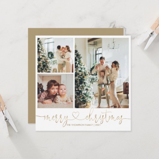 Heart Script Gold Frohe Weihnachten Foto Urlaub Karte (Vorderseite/Rückseite Beispiel)