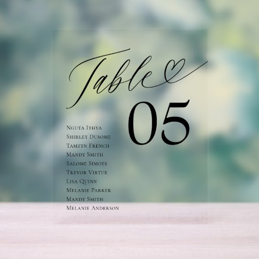 Heart Script Guest Names Sitzende Tischnummer Acrylschild (Neutral)