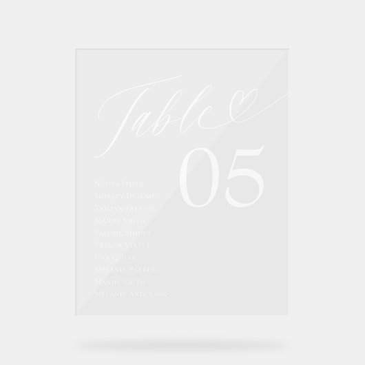 Heart Script Guest Names Sitzende Tischnummer Acrylschild (Vorderseite)