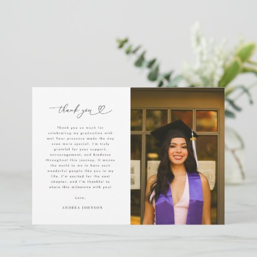 Heart Script Minimalistisch 2 Foto Graduation Part Dankeskarte (Stehend Vorderseite)