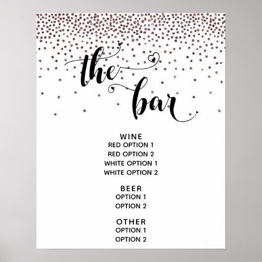 Heart Script Rose Gold Confetti Bar Menu Signatur Poster (Vorne)