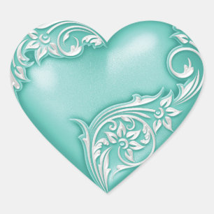 Heart Scroll Aqua w White Herz-Aufkleber