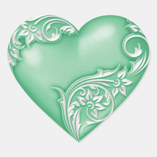 Heart Scroll Jade Green w White Herz-Aufkleber