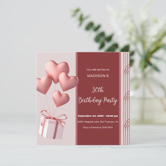 Heart Shaped Balloons Birthday Invitation Einladung (Stehend Vorderseite)