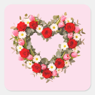 Heart Shaped Floral Wreath Roses Daisies Tulips Quadratischer Aufkleber