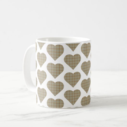 Heart Shaped Plaid Tan Blue White Kaffeetasse (Vorderseite Links)