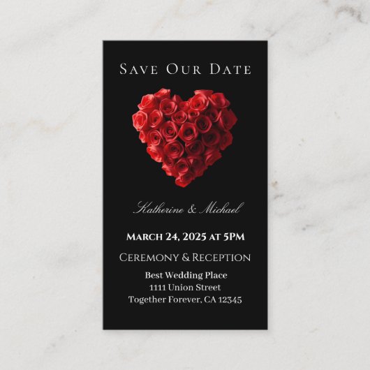 Heart Shaped Red Rose-Save the Date- Visitenkarte (Vorderseite)