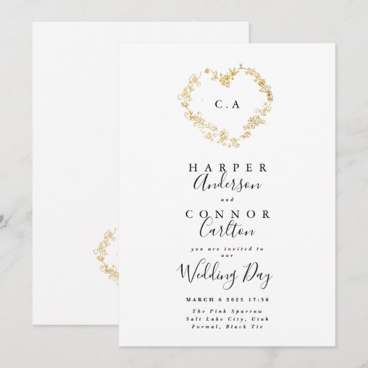 Heart Wreath Monogram Wedding Einladung (Vorne/Hinten)