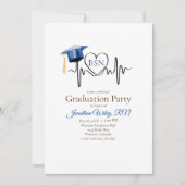 Heartbeat und Blue Graduation Cap Einladung (Vorderseite)