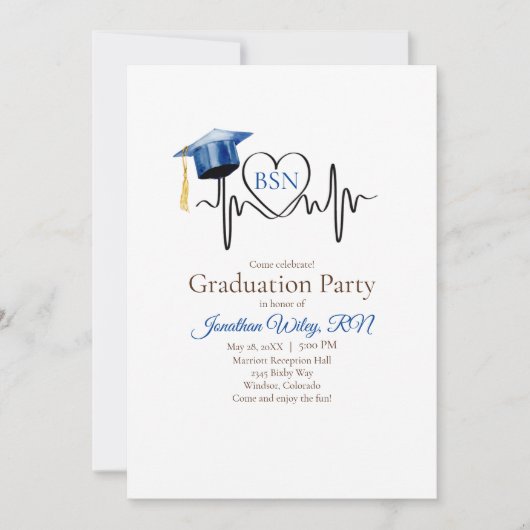 Heartbeat und Blue Graduation Cap Einladung (Vorderseite)