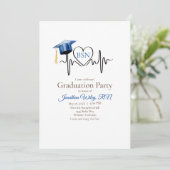 Heartbeat und Blue Graduation Cap Einladung (Stehend Vorderseite)