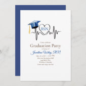 Heartbeat und Blue Graduation Cap Einladung (Vorne/Hinten)