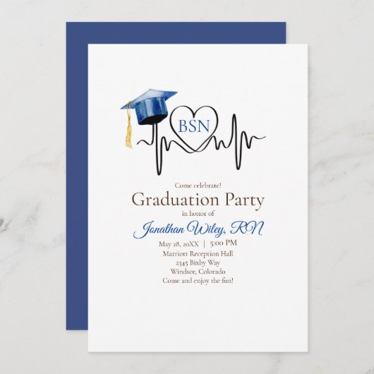 Heartbeat und Blue Graduation Cap Einladung (Vorne/Hinten)