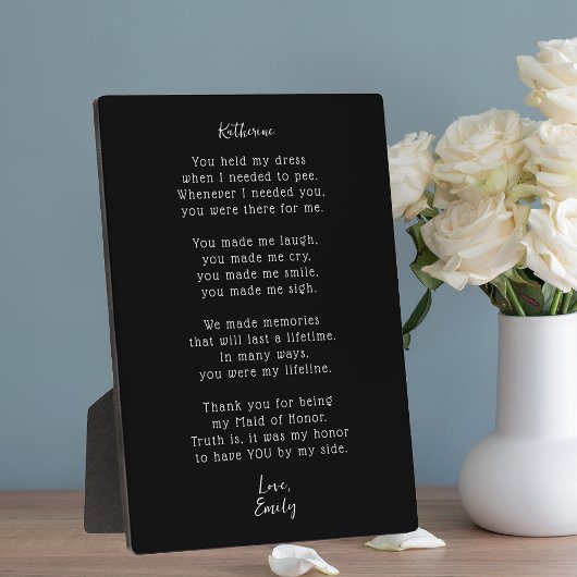 Heartfelt Maid of Honor Thank You Poem Plaque Fotoplatte