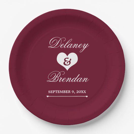 Heartline (bordeauxrot) Hochzeit Pappteller (Vorderseite)