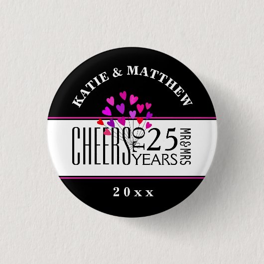 Hearts 25. Modern Wedding Anniversary Dated Gift Button (Vorderseite)