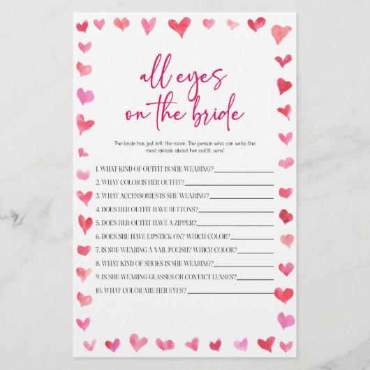 Hearts All Eyes On The Bride Bridal Shower Game Briefpapier (Vorderseite)