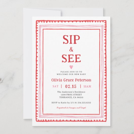 Hearts Baby Girl Sip and See Welcome Baby  Einladung (Vorderseite)