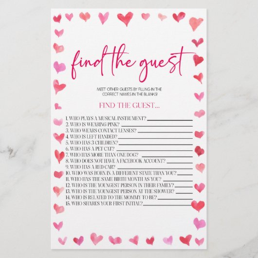 Hearts Find The Guest Bridal Shower Game Briefpapier (Vorderseite)