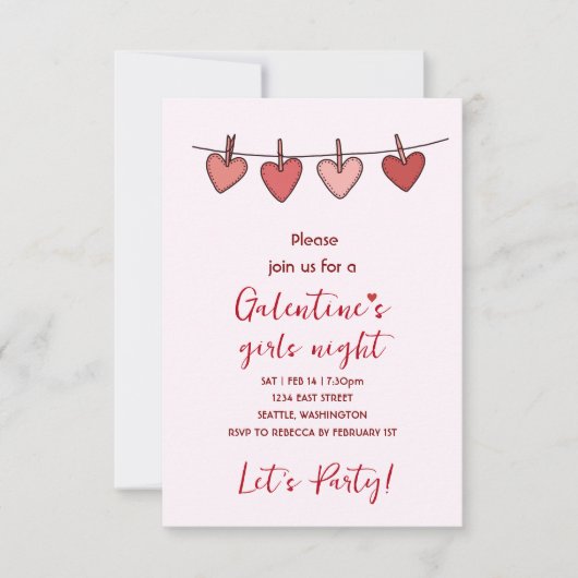 Hearts Galentines Love Pattern Party Invitation RSVP Karte (Vorderseite)
