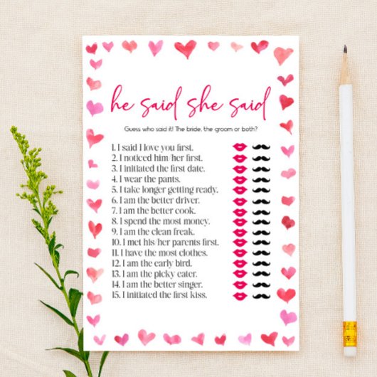 Hearts He Said She Said Bridal Shower Game  Briefpapier