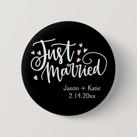 HEARTS just Married Script Names Wedding Date Button (Vorderseite)