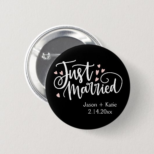 HEARTS just Married Script Names Wedding Date Button (Vorne & Hinten)