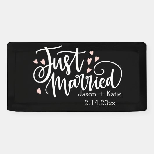HEARTS just Married Script Names Wedding Day Banner (Horizontal)