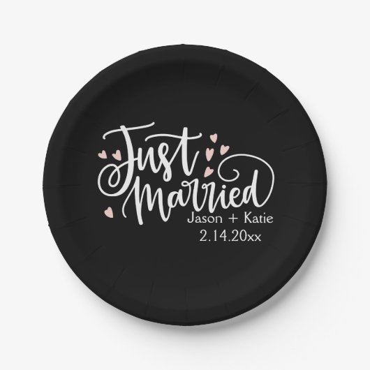 HEARTS just Married Script Names Wedding Day Pappteller (Vorderseite)