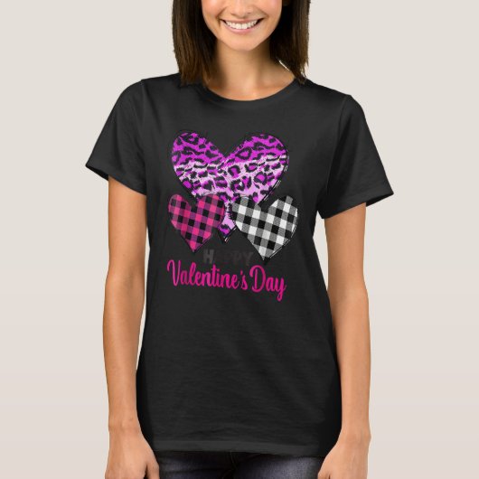 Hearts Leopard Karierte Liebe Happy Valentines Day T-Shirt (Vorderseite)