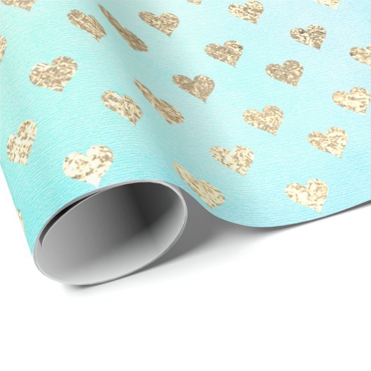 Hearts Metallic Mint Aqua Ocean Blue Gold Imitate Geschenkpapier (Rolleneckpunkt)