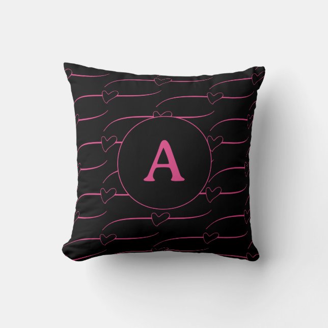 Hearts Monogram Black Magenta Kissen (Vorderseite)