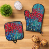 Hearts Oven Mitt Pot Holder Ofenhandschuh & Topflappen-Set (Oben Unten)