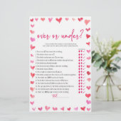 Hearts Over or Under Bridal Shower Game  Briefpapier (Stehend Vorderseite)